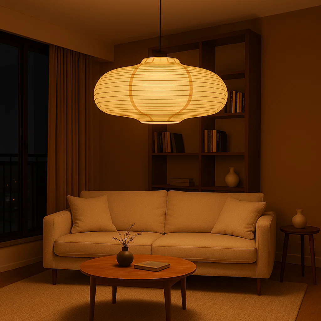 Japandi hanglamp met papieren lantaarnkap