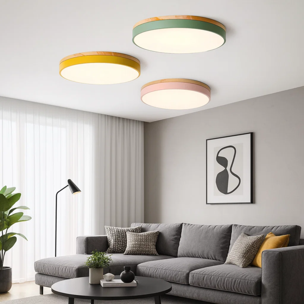 Ronde plafondlamp met warme houtlook en zacht