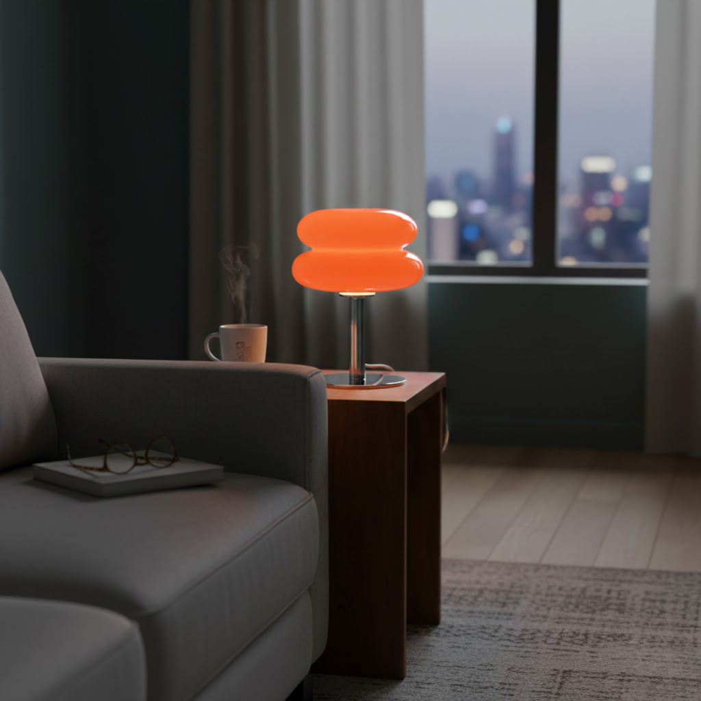 Retro tafellamp met ronde, tweedelige glazen kap