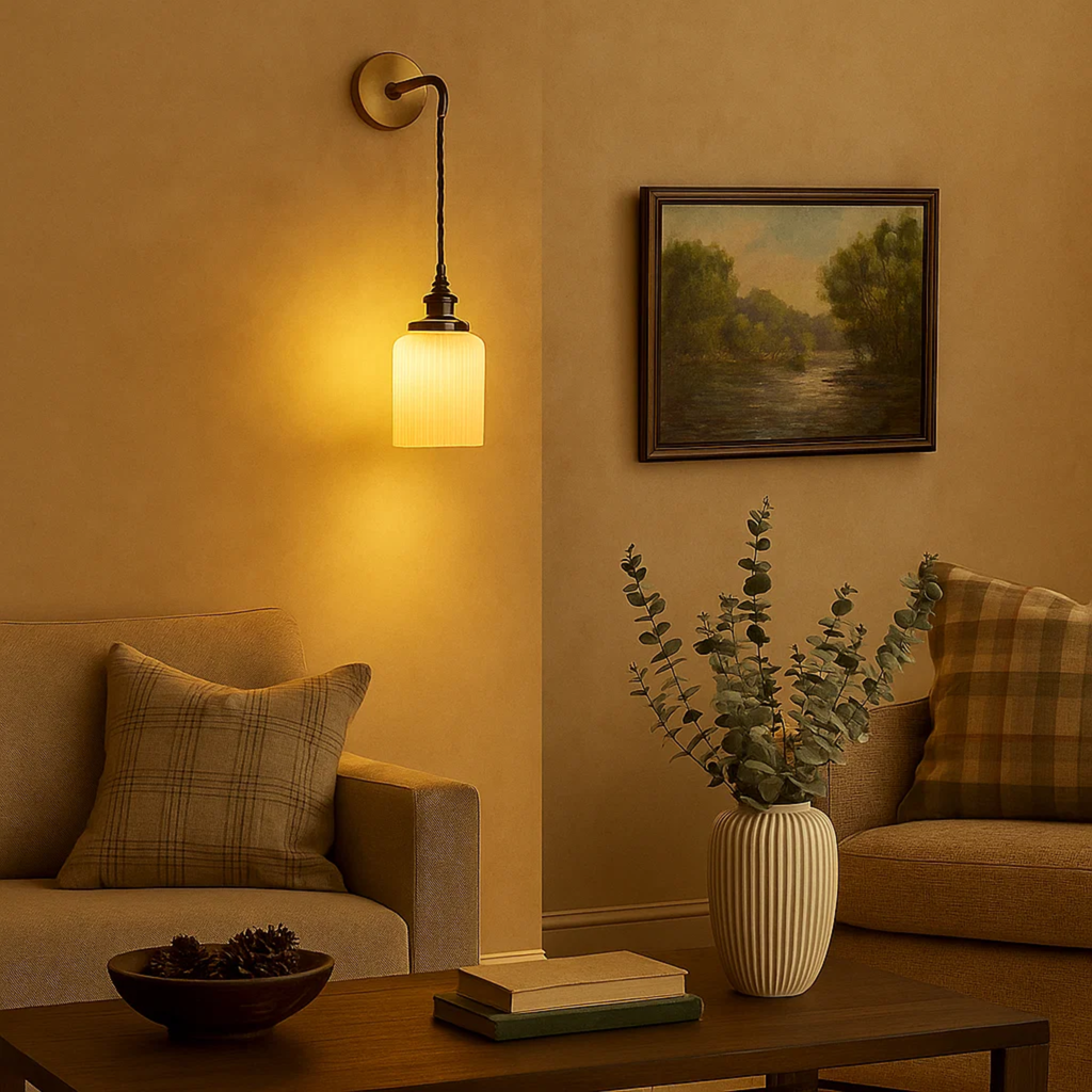 Moderne porseleinen wandlampen in messingkleur met wit