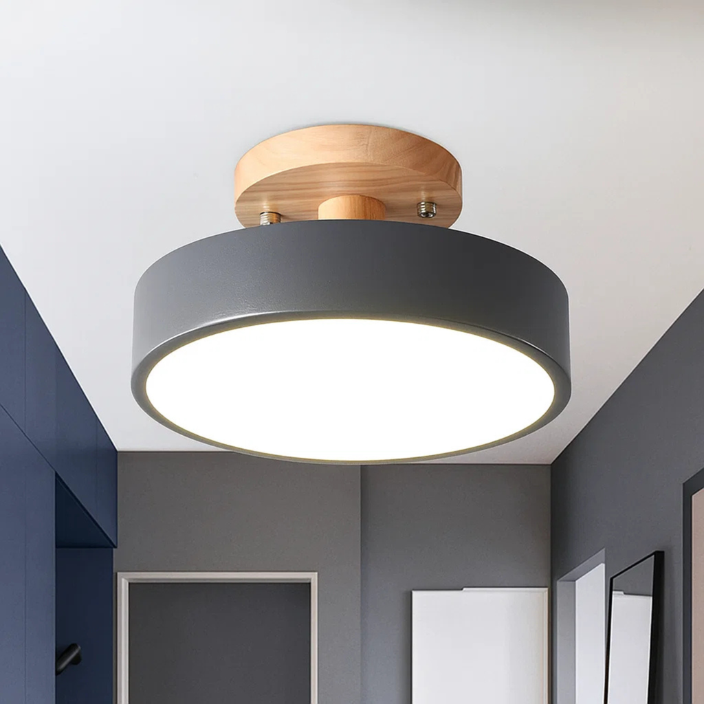 Scandinavian Ceiling Lamp with Low Iron Base and Wooden Drum Shade