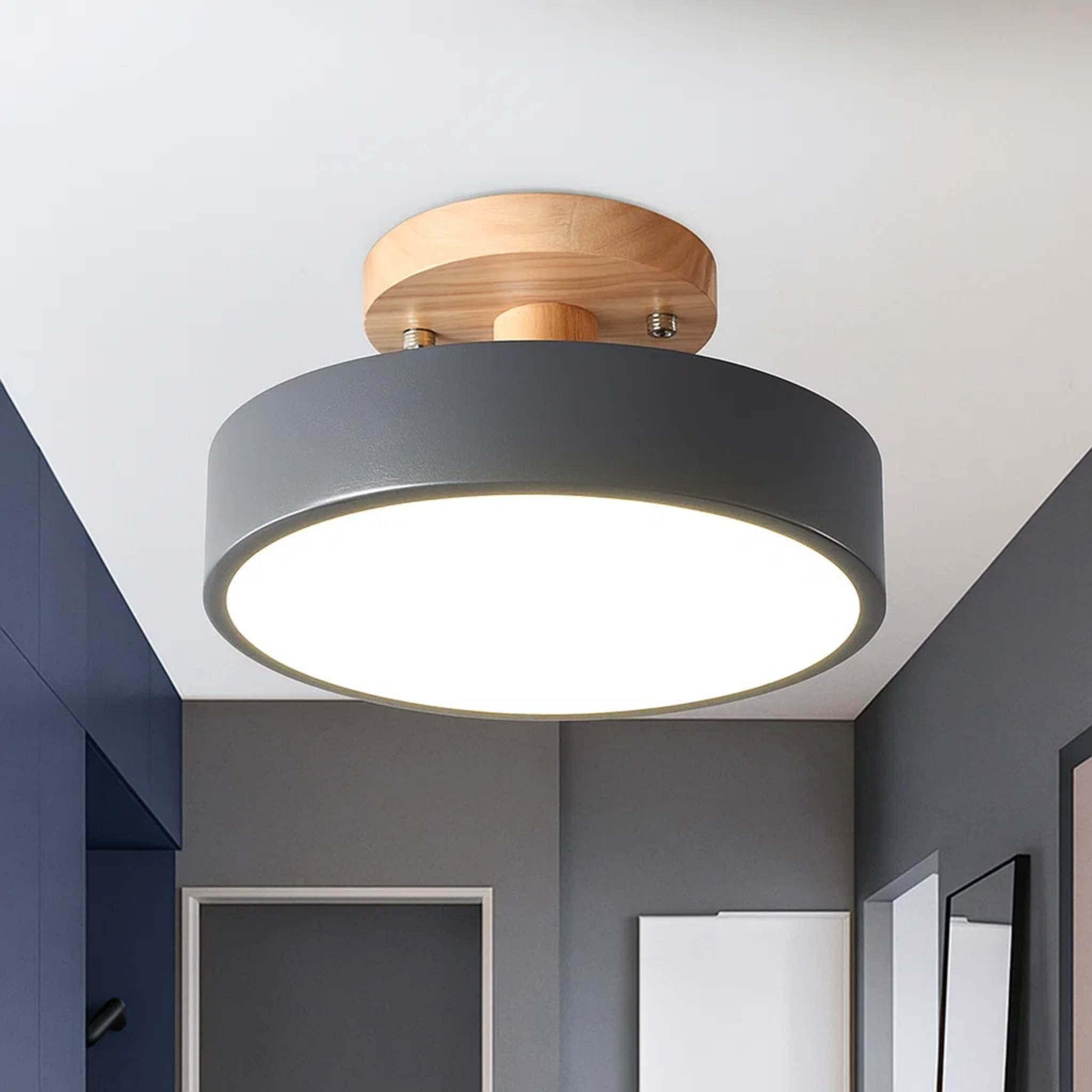 Scandinavian Ceiling Lamp with Low Iron Base and Wooden Drum Shade