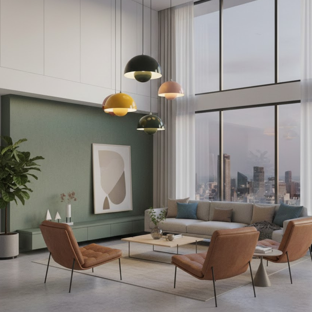 Scandinavische hanglamp met ronde kap in meerdere kleuren