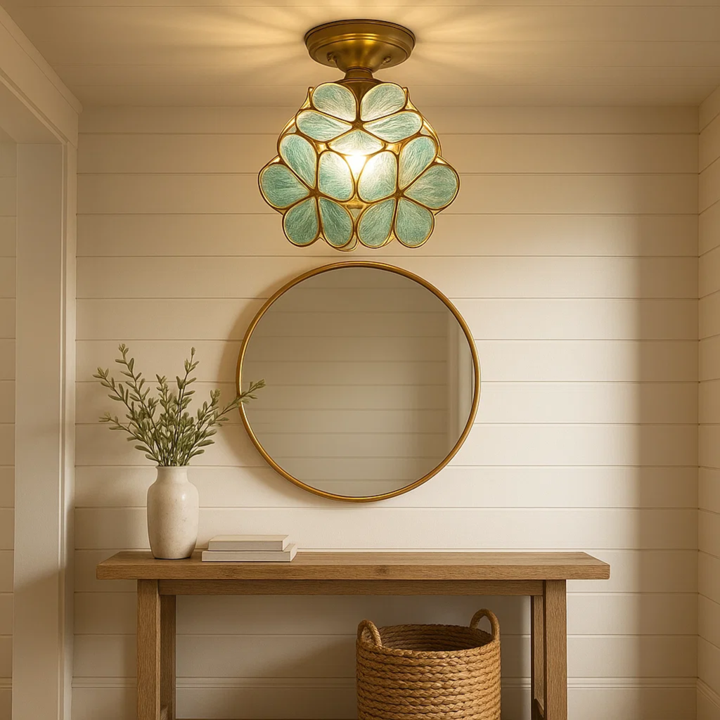 Retro Ceiling Lamp with Floral Motif in Tiffany Style