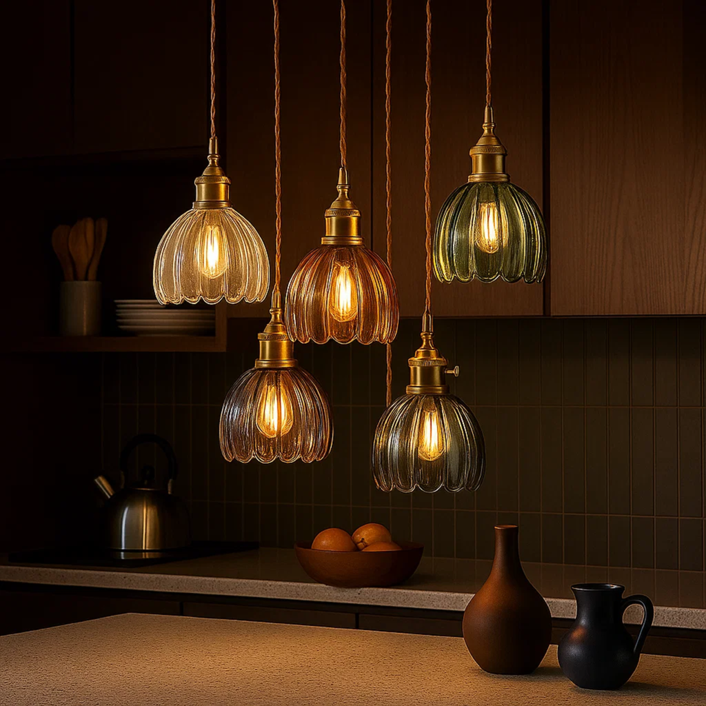 Klassieke hanglamp met bloemvormige gekleurde glazen kap