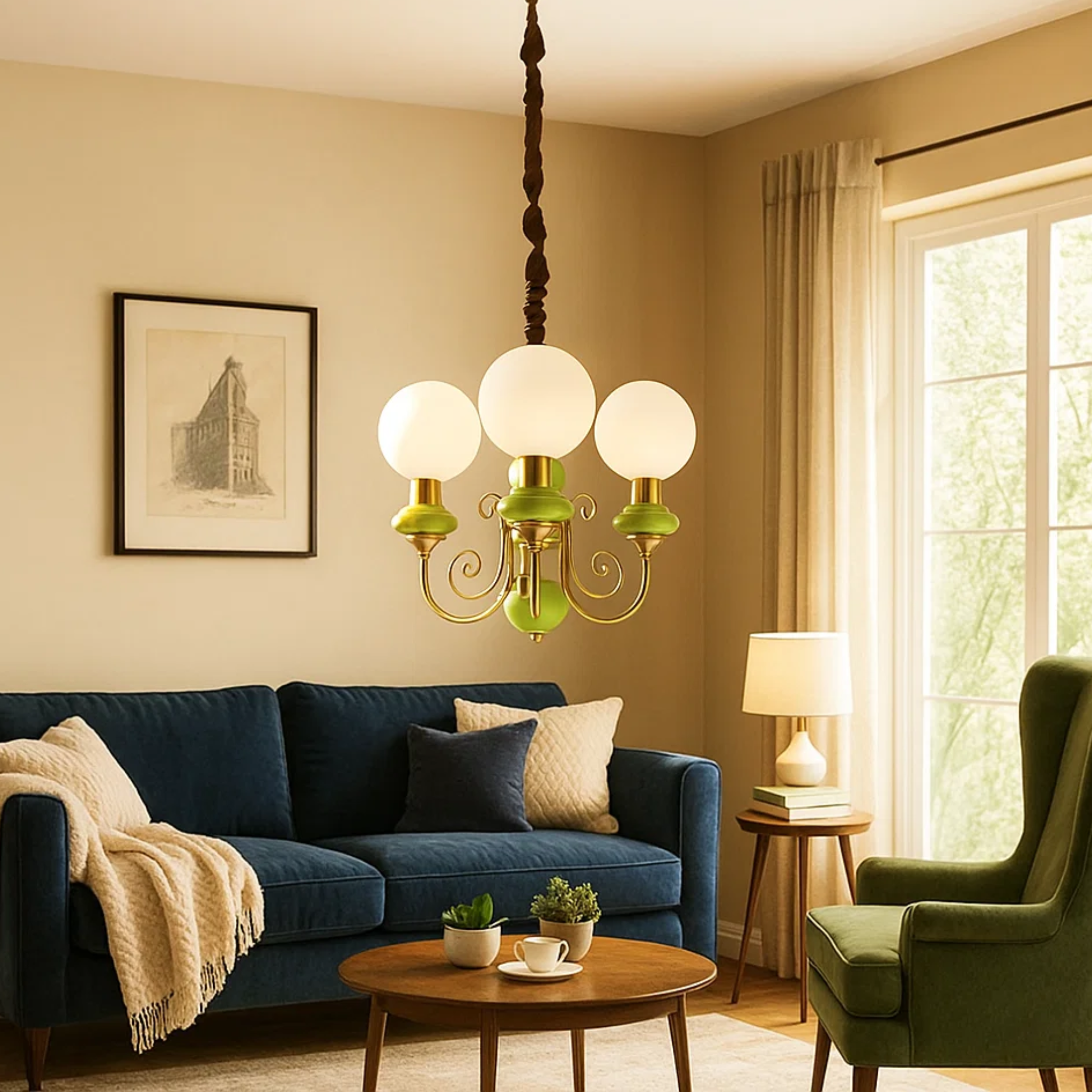 klassieke elegante kroonluchter met ronde witte bollen