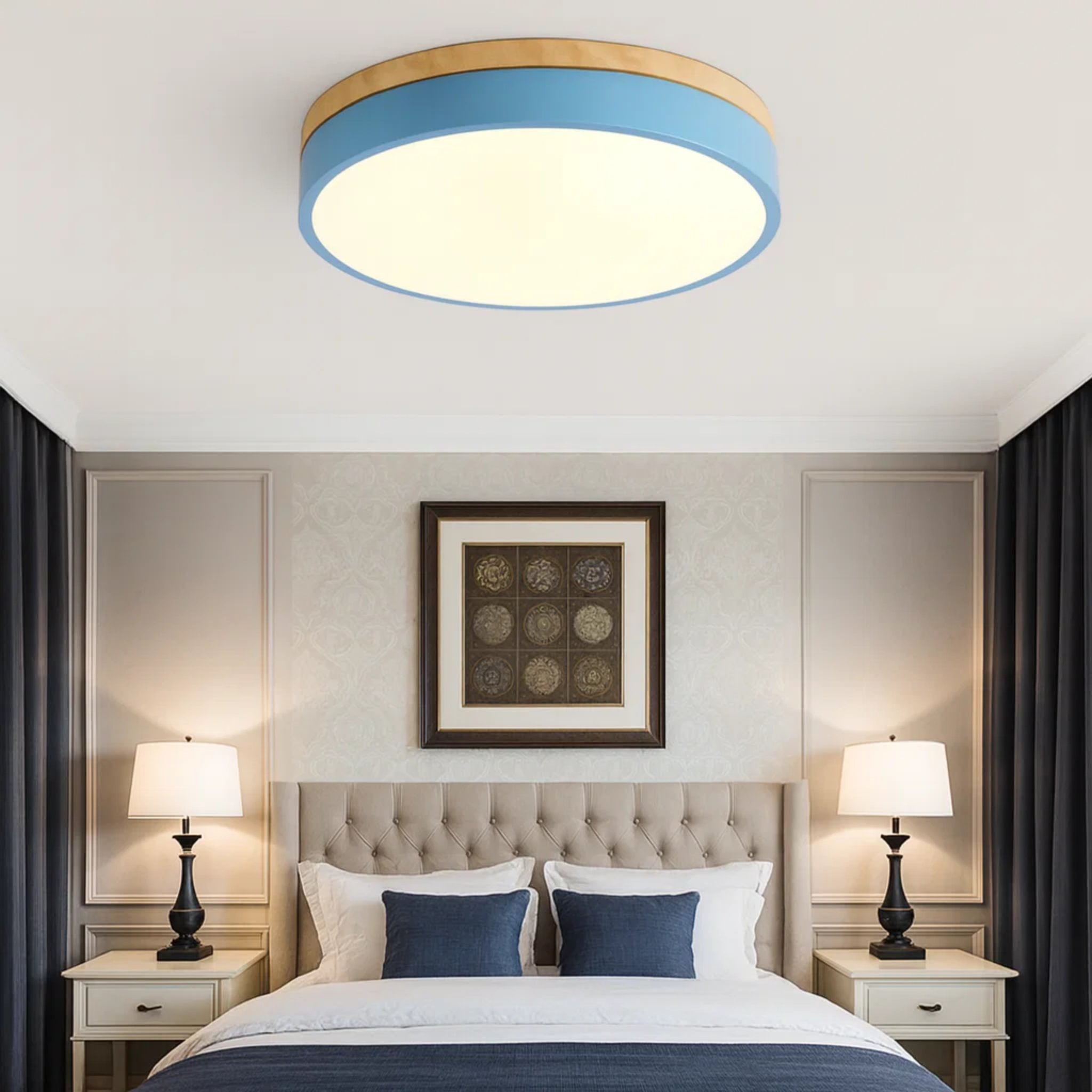 Ronde plafondlamp met warme houtlook en zacht