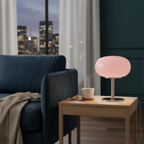 Retro tafellamp met ronde, tweedelige glazen kap