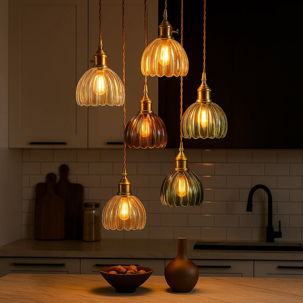 Klassieke hanglamp met bloemvormige gekleurde glazen kap