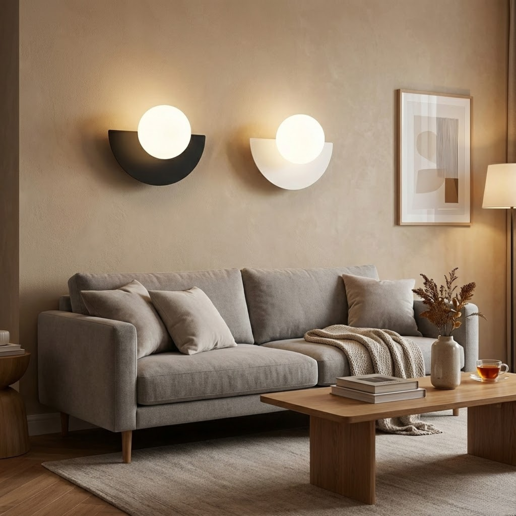 Minimalistische wandlamp met ronde bol en halve maan vorm