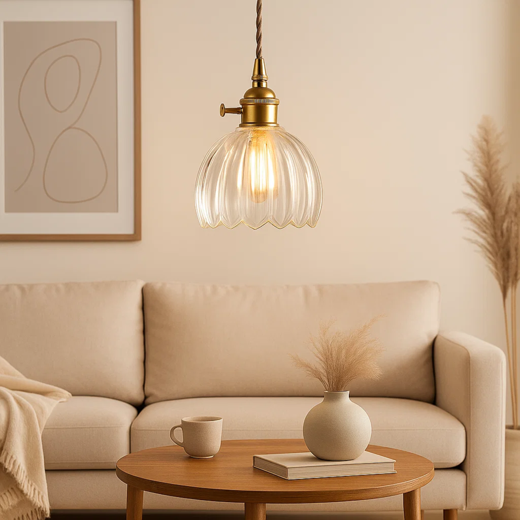 Klassieke hanglamp met bloemvormige gekleurde glazen kap