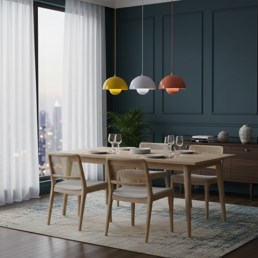 Scandinavische hanglamp met ronde kap in meerdere kleuren