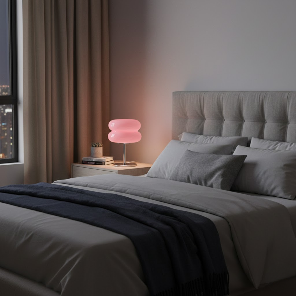 Retro tafellamp met ronde, tweedelige glazen kap