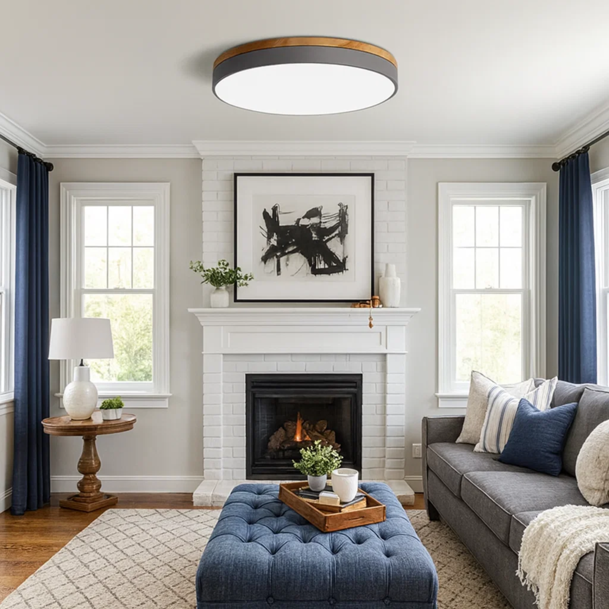 Ronde plafondlamp met warme houtlook en zacht