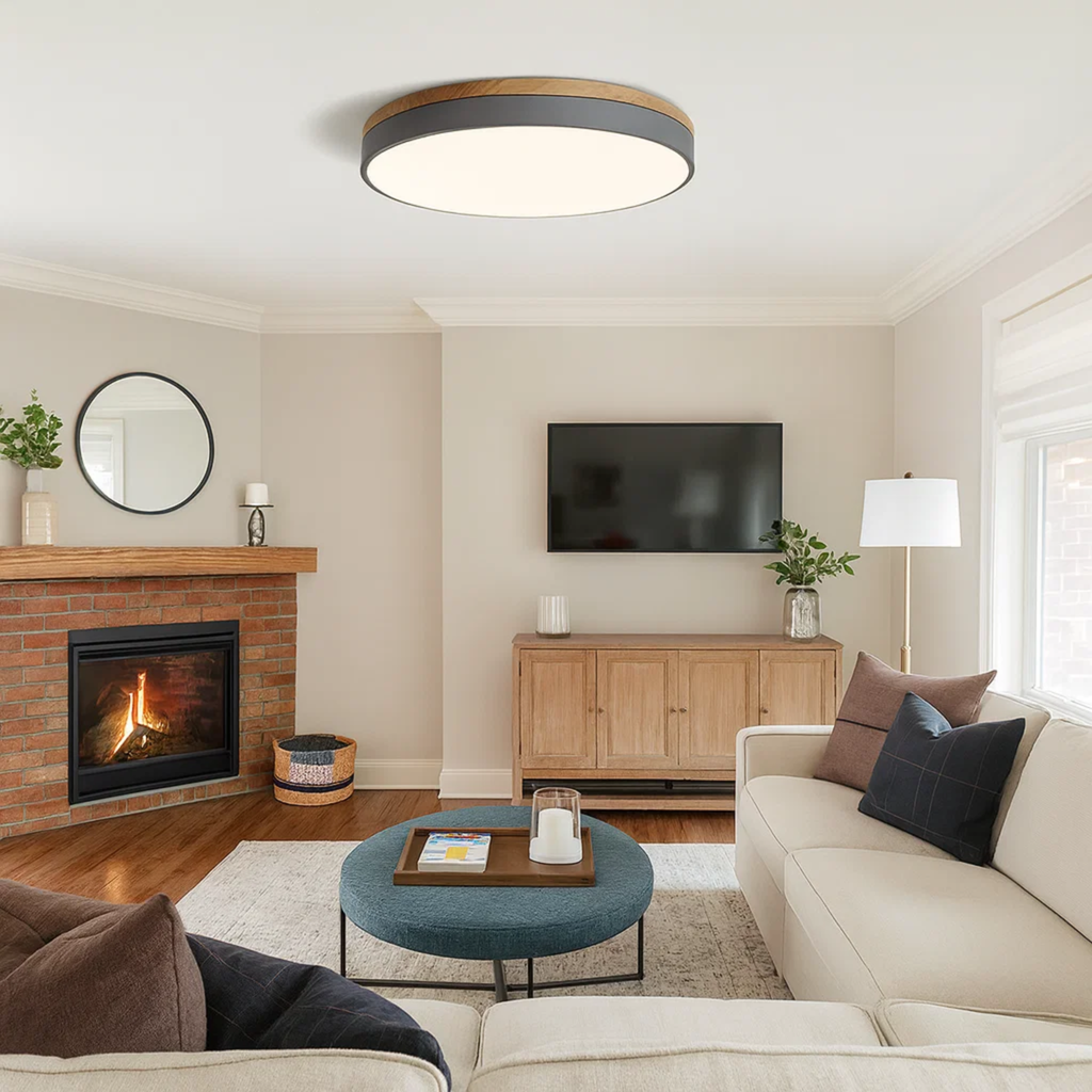 Ronde plafondlamp met warme houtlook en zacht