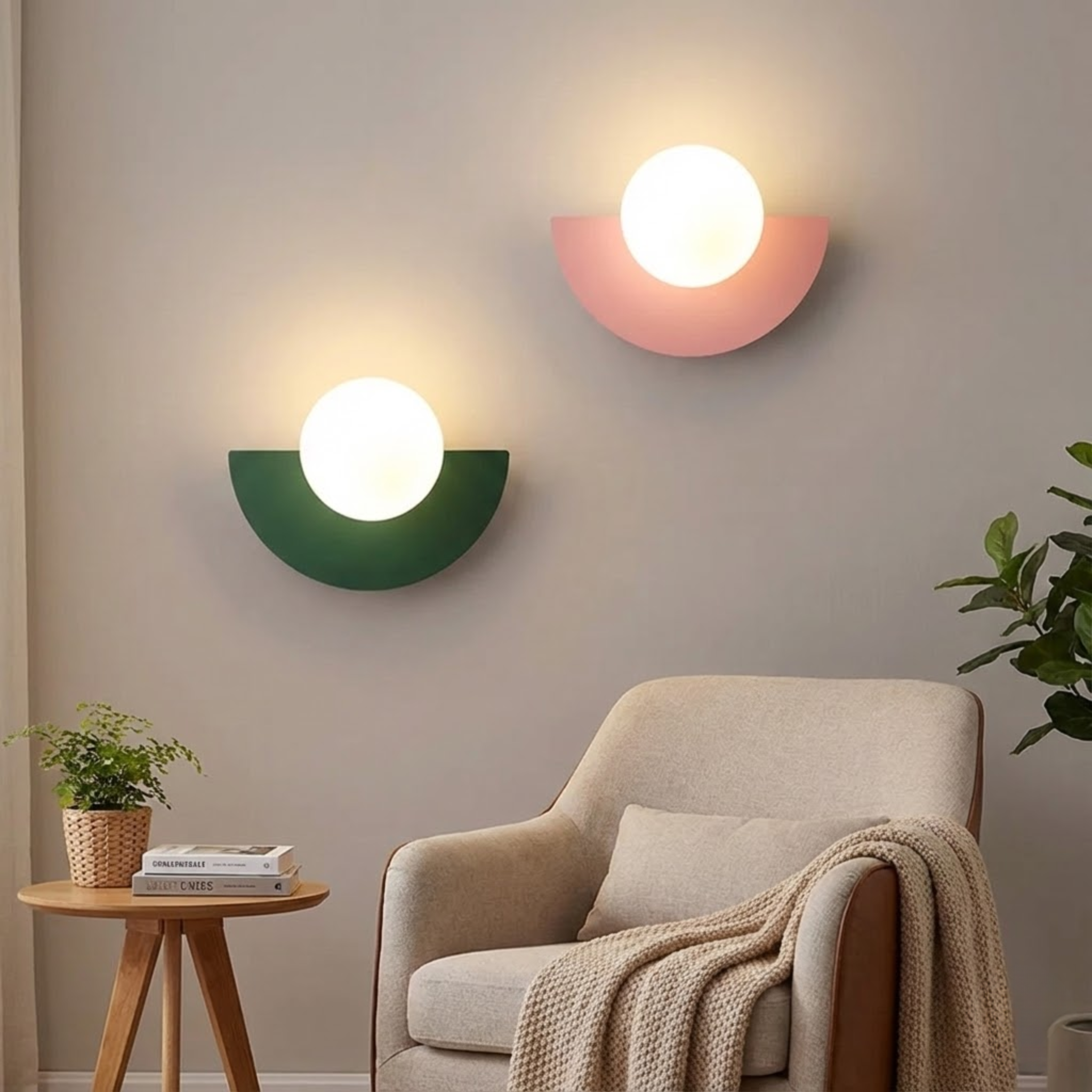 Minimalistische wandlamp met ronde bol en halve maan vorm