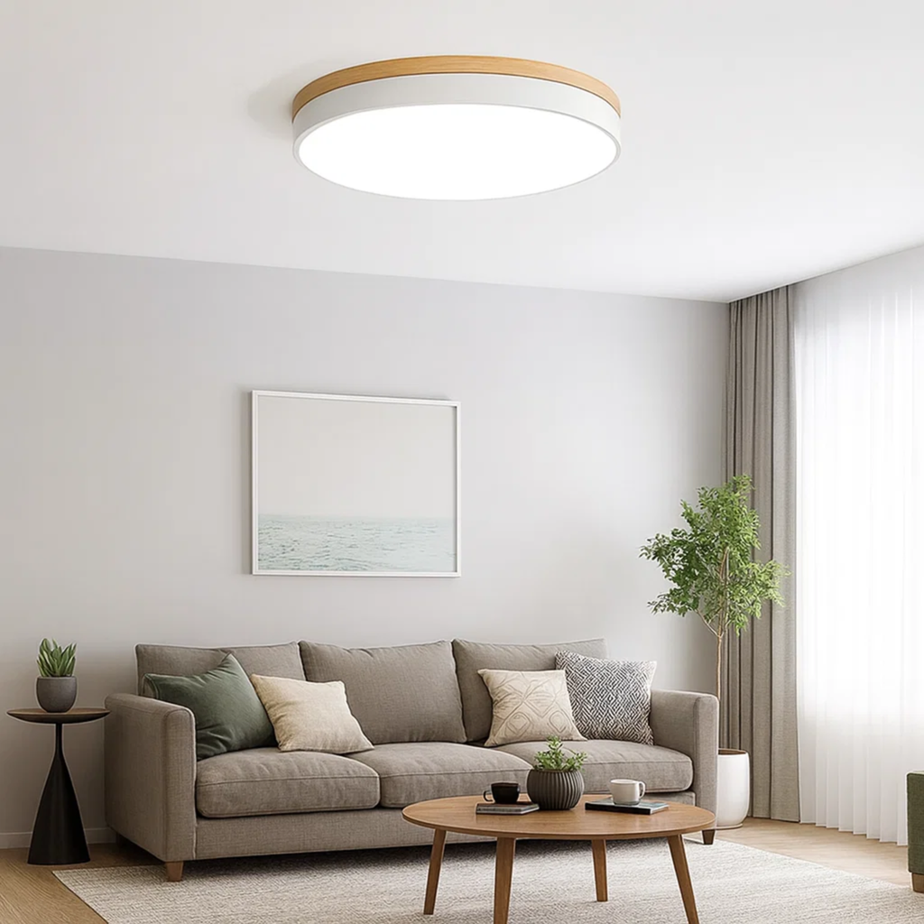 Ronde plafondlamp met warme houtlook en zacht