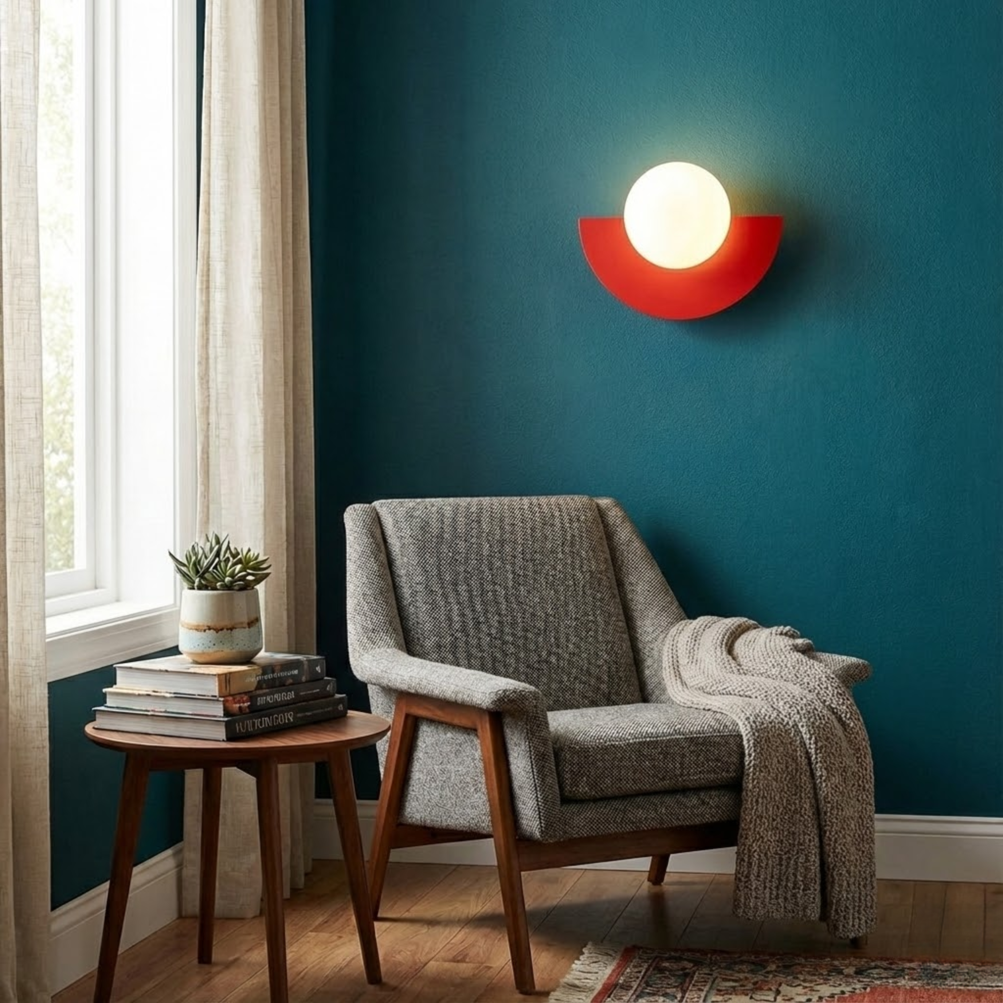 Minimalistische wandlamp met ronde bol en halve maan vorm
