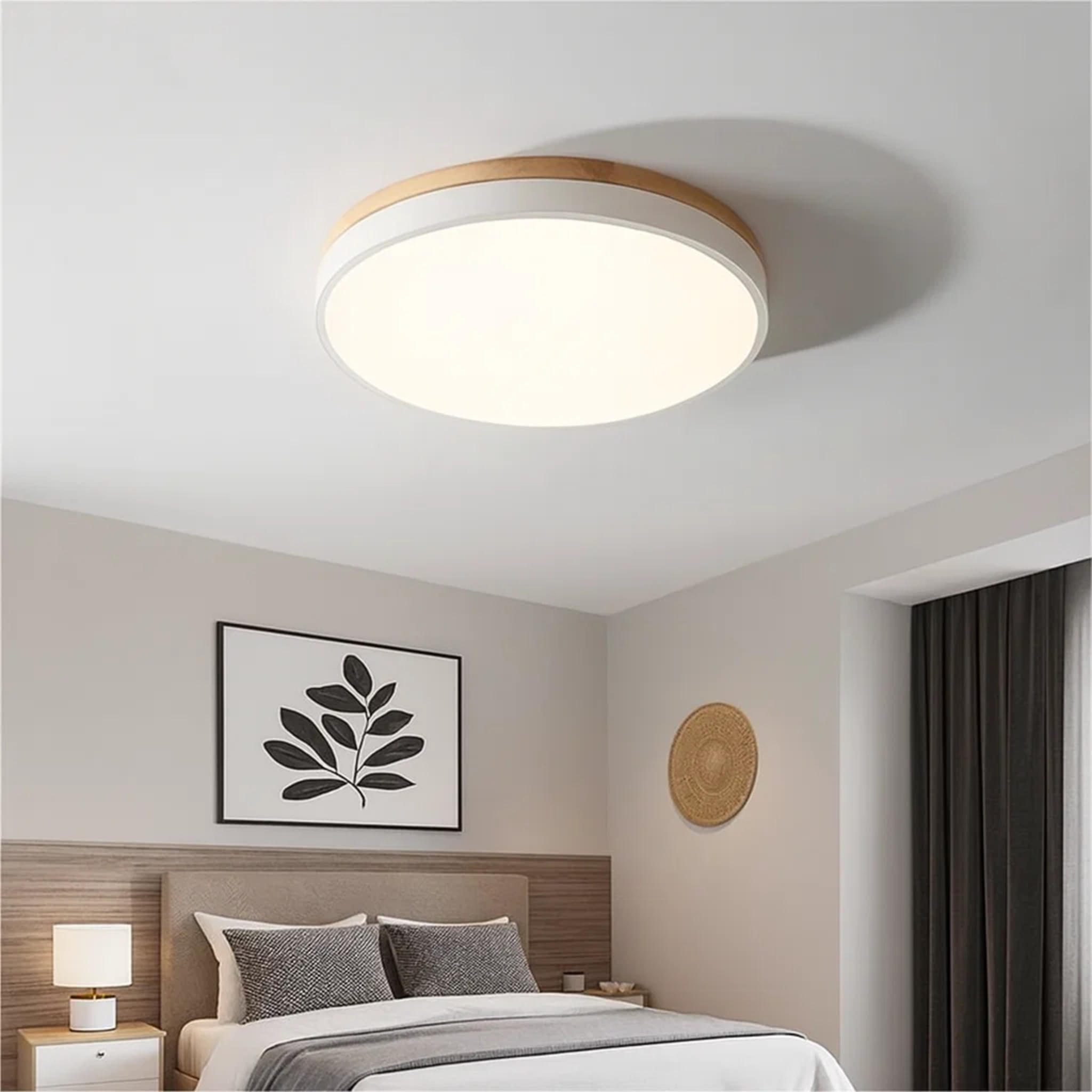 Ronde plafondlamp met warme houtlook en zacht