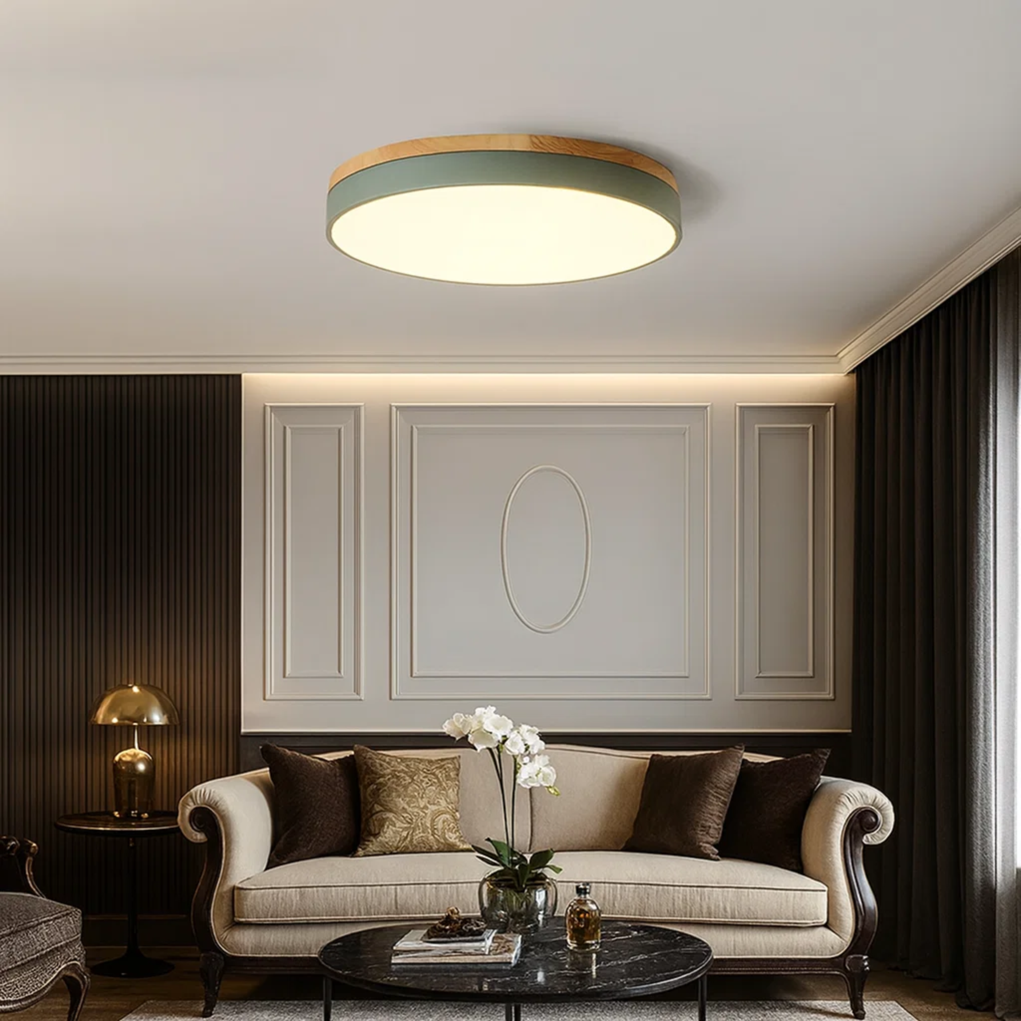 Ronde plafondlamp met warme houtlook en zacht