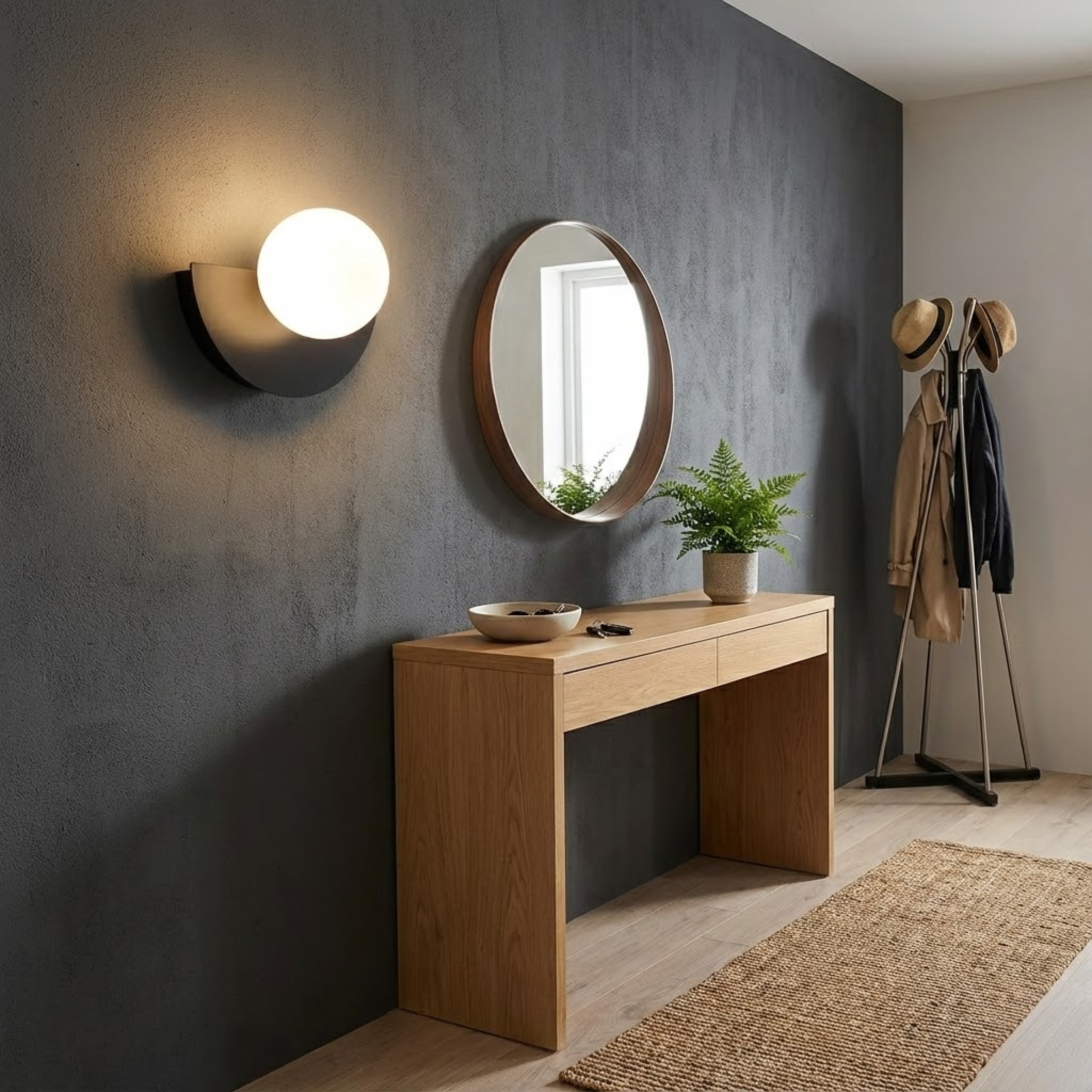 Minimalistische wandlamp met ronde bol en halve maan vorm
