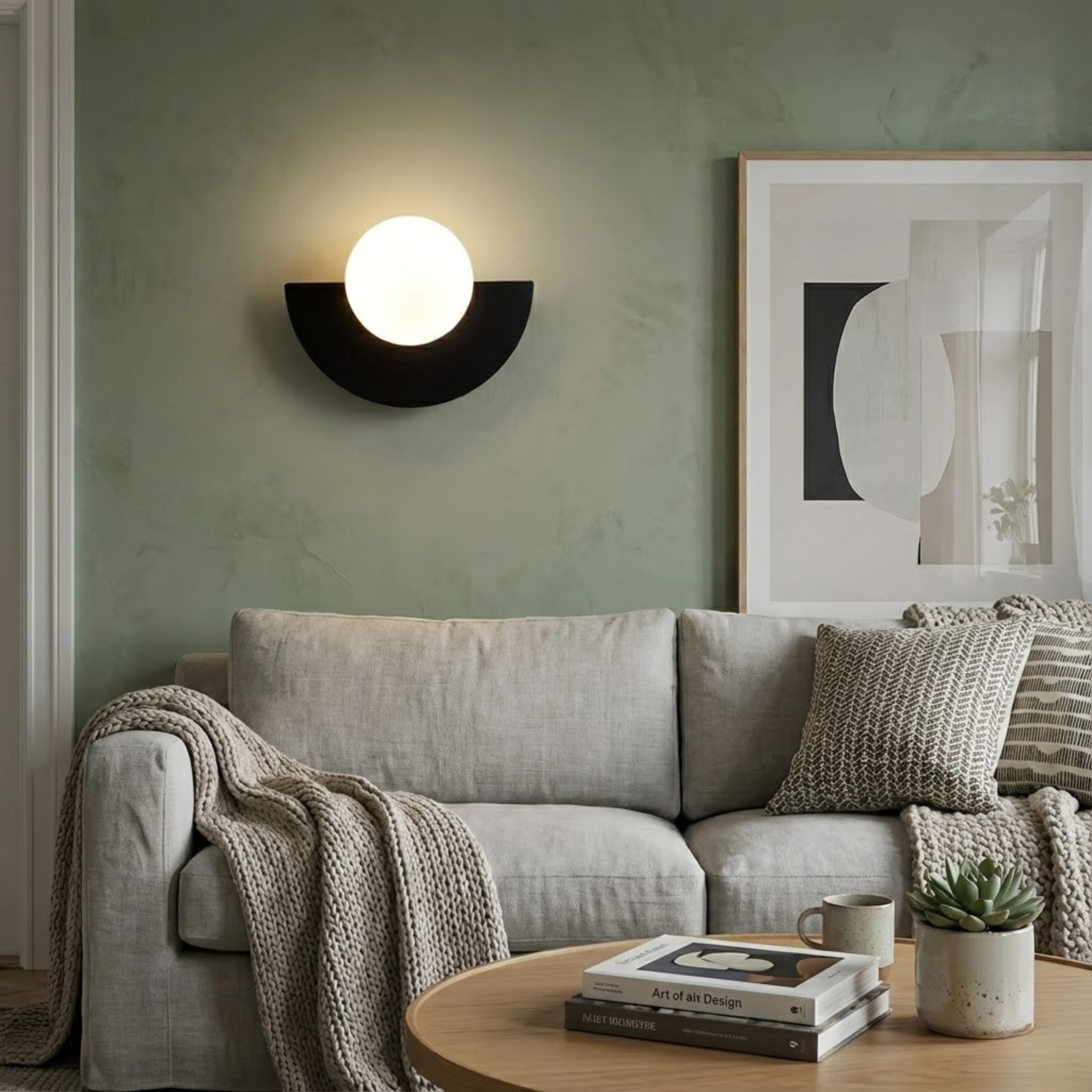 Minimalistische wandlamp met ronde bol en halve maan vorm