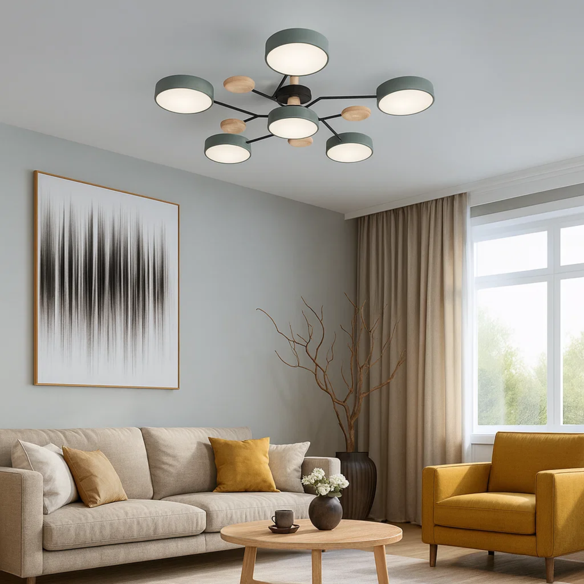 Moderne loftlampe med runde skiver og subtilt trælook