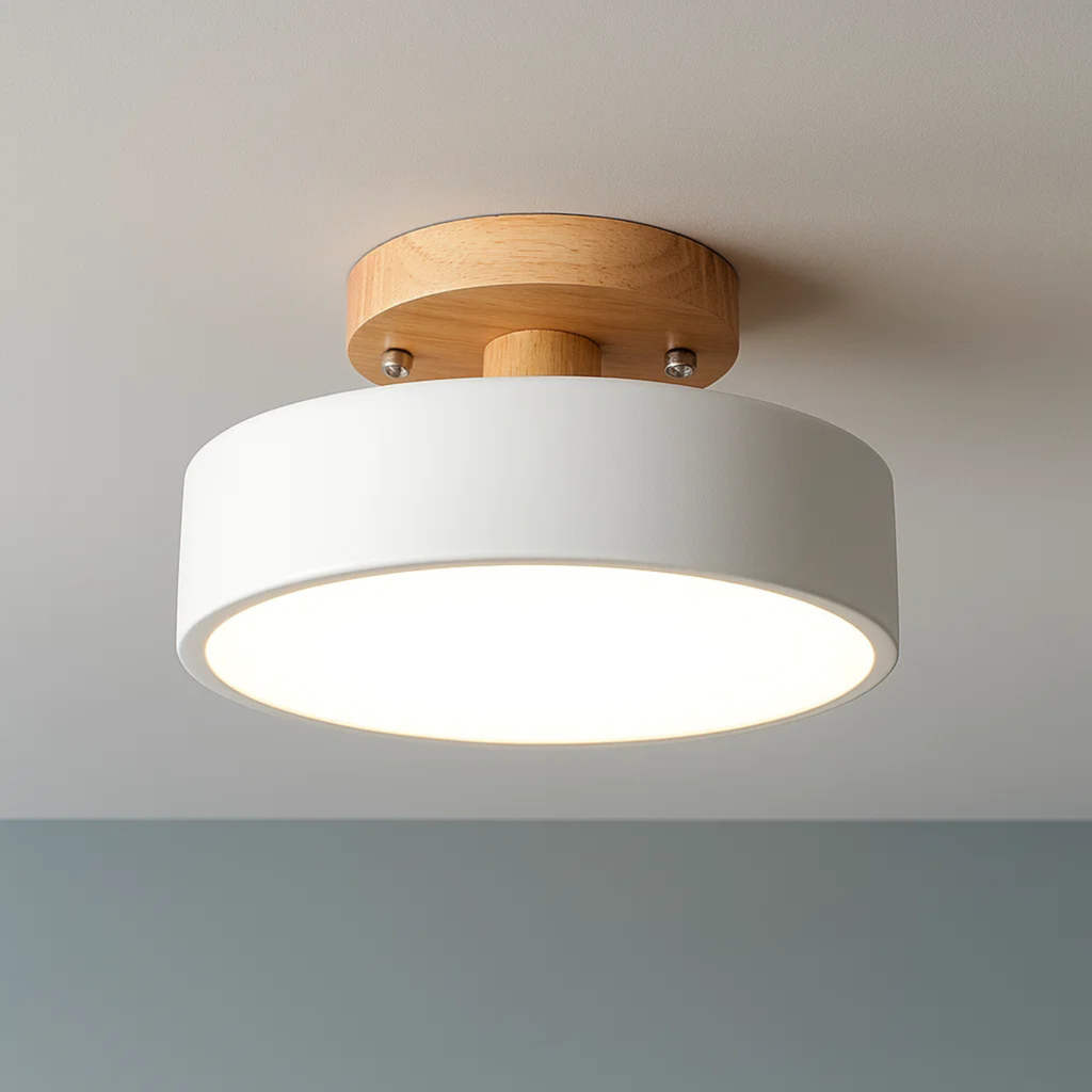 Scandinavian Ceiling Lamp with Low Iron Base and Wooden Drum Shade