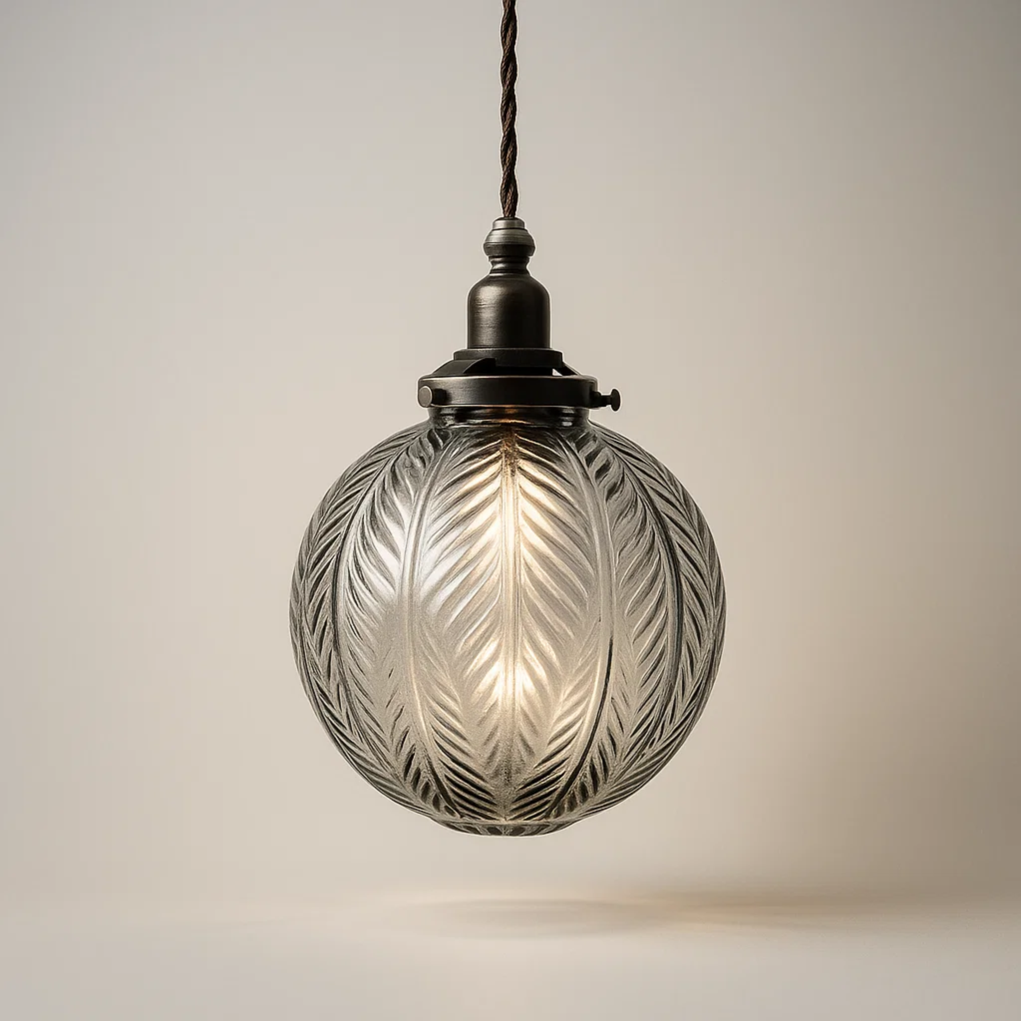 Klassieke hanglamp van grijs glas met verenpatroon