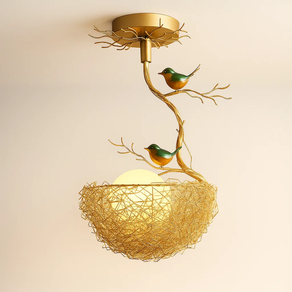 Decoratieve hanglamp met vogels en gevlochten nestkap