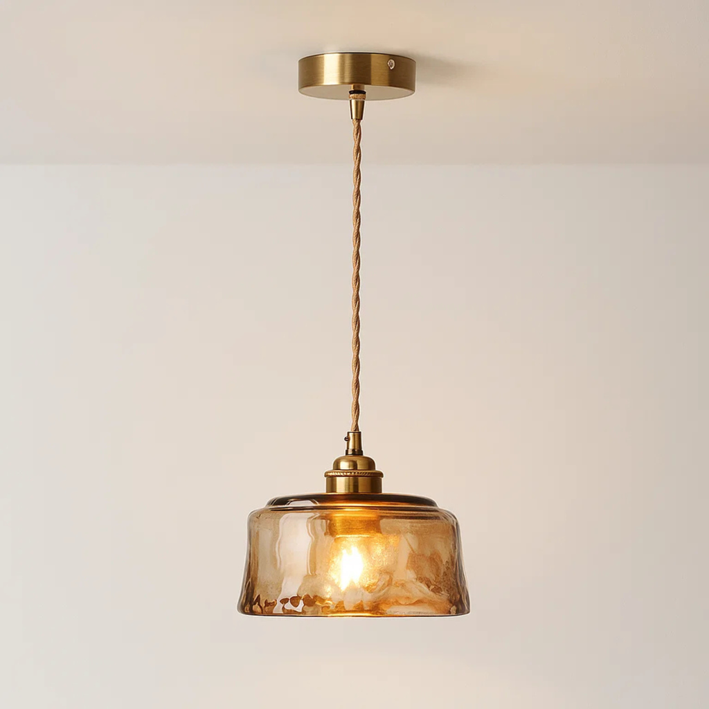 Rustic Pendant Lamp with Round Amber Glass Shade