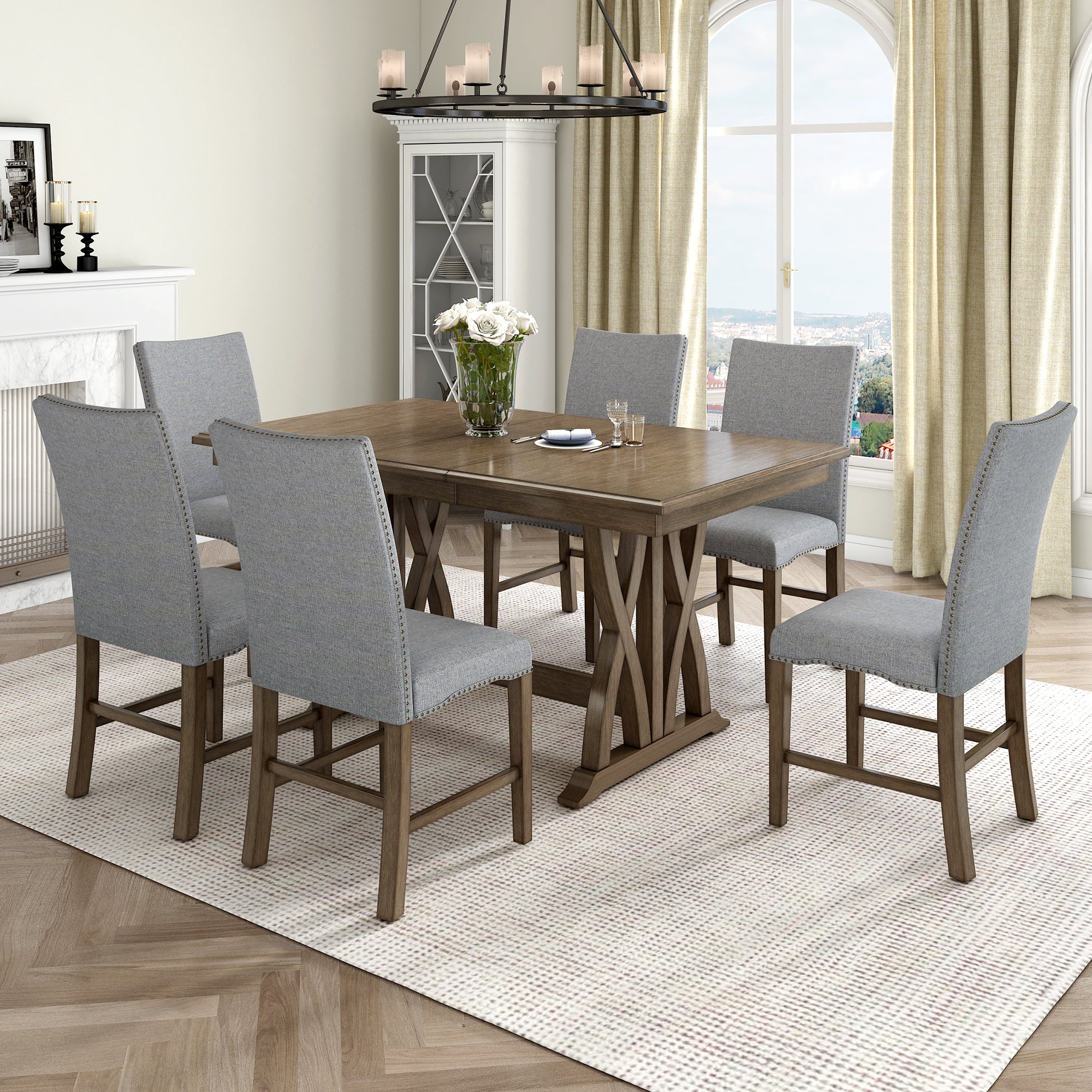 Hakan 7-Piece Extendable Solid Wood Dining Set