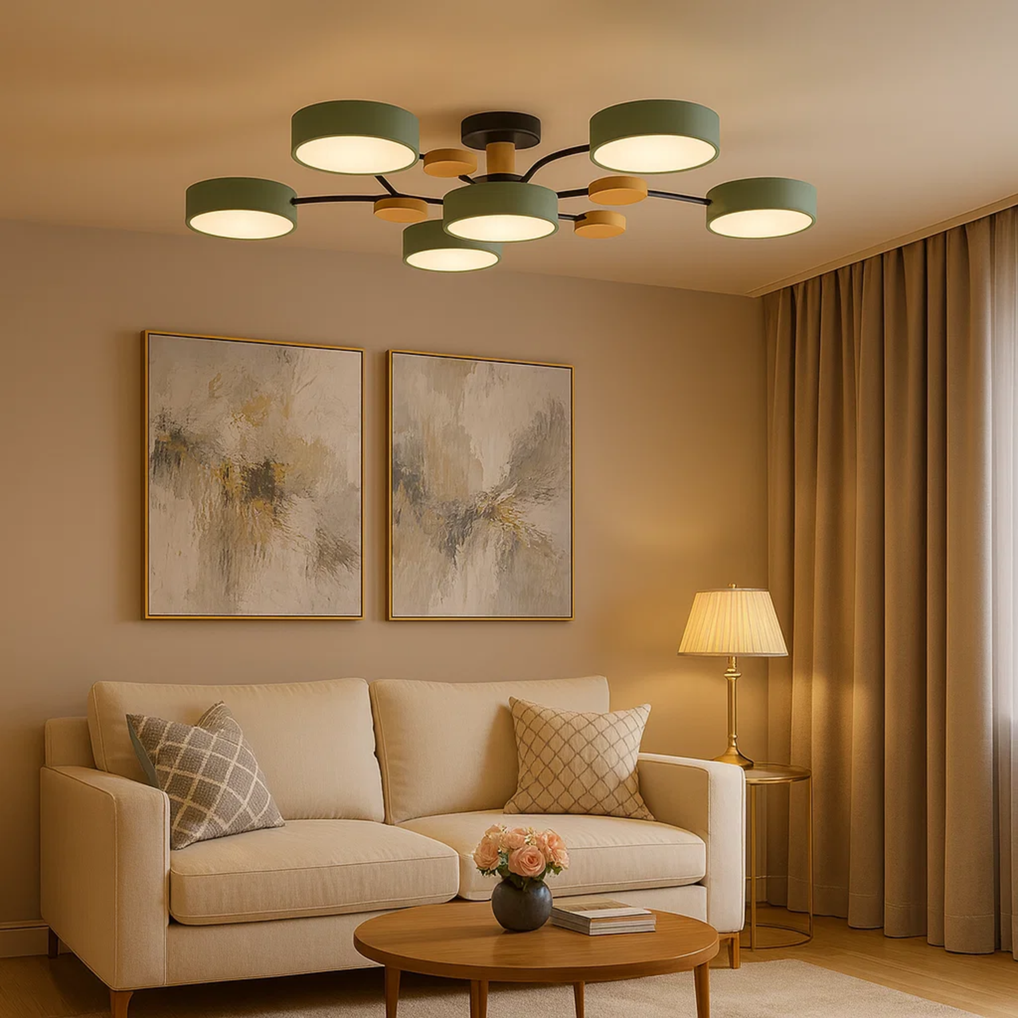 Moderne loftlampe med runde skiver og subtilt trælook