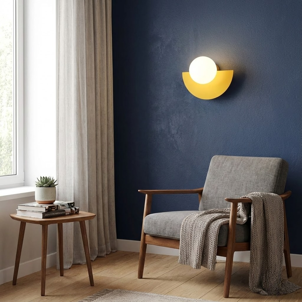 Minimalistische wandlamp met ronde bol en halve maan vorm