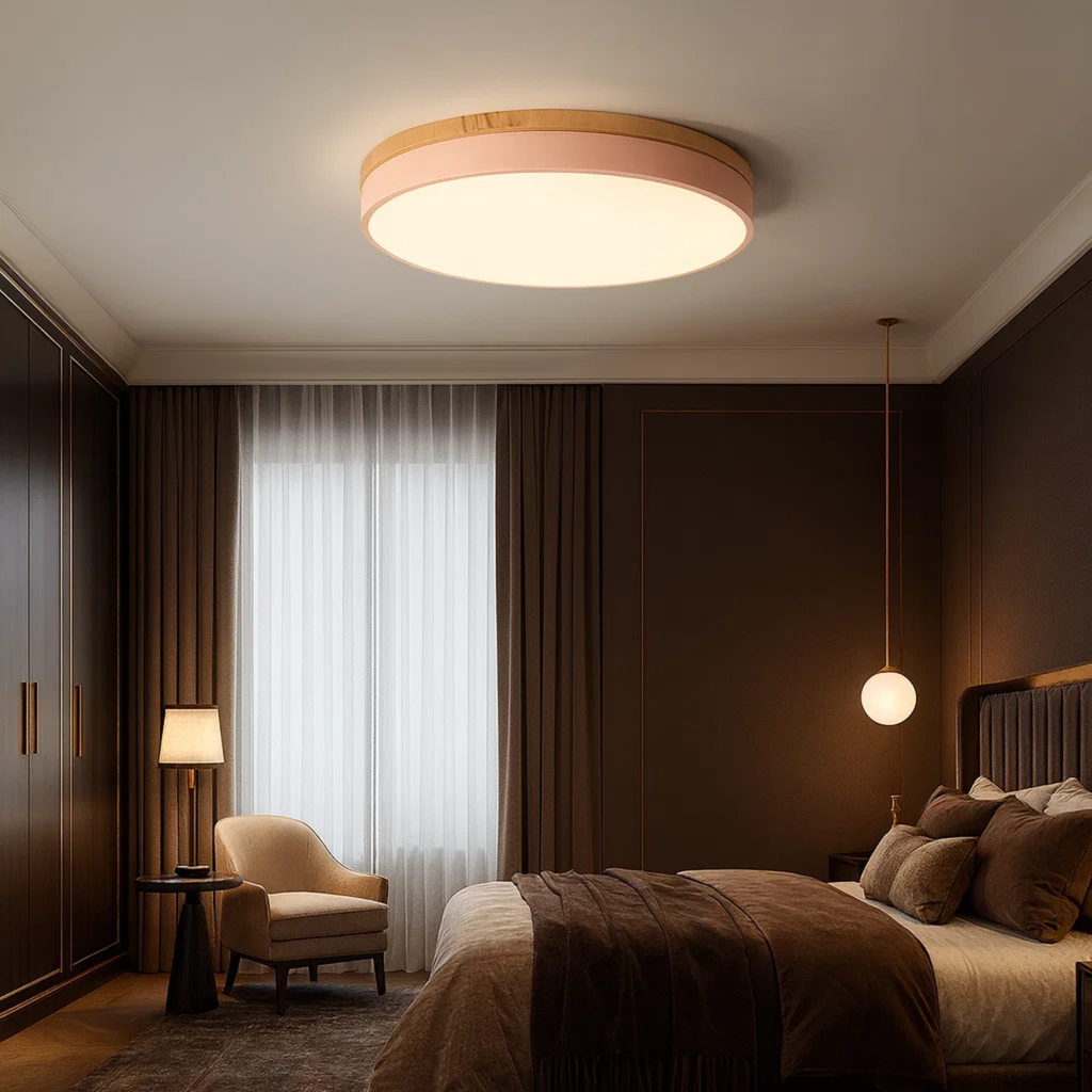 Ronde plafondlamp met warme houtlook en zacht