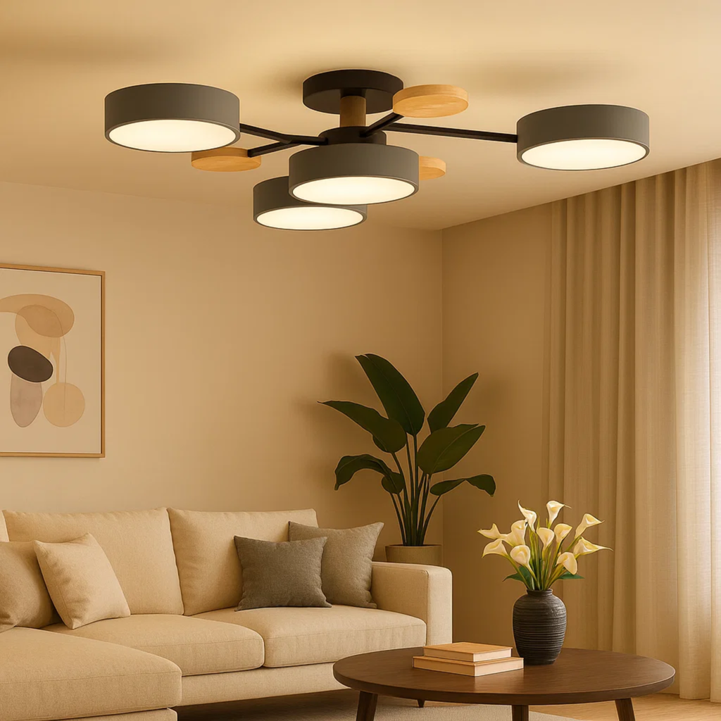 Moderne loftlampe med runde skiver og subtilt trælook