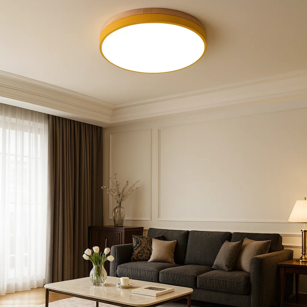 Ronde plafondlamp met warme houtlook en zacht