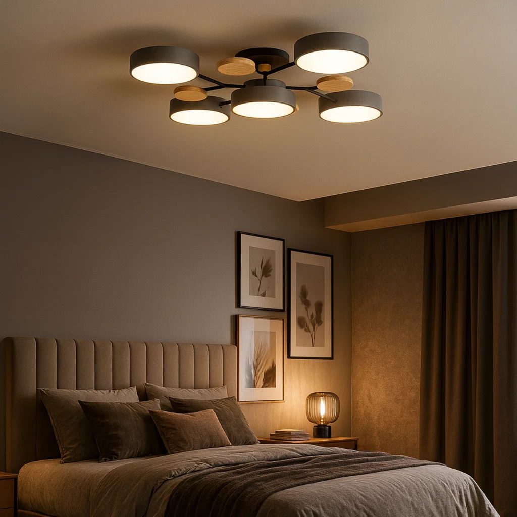 Moderne loftlampe med runde skiver og subtilt trælook