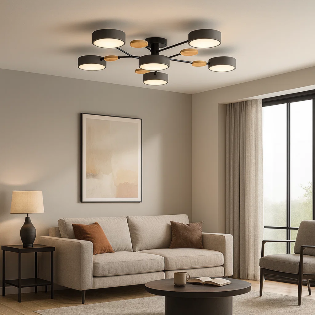 Moderne loftlampe med runde skiver og subtilt trælook