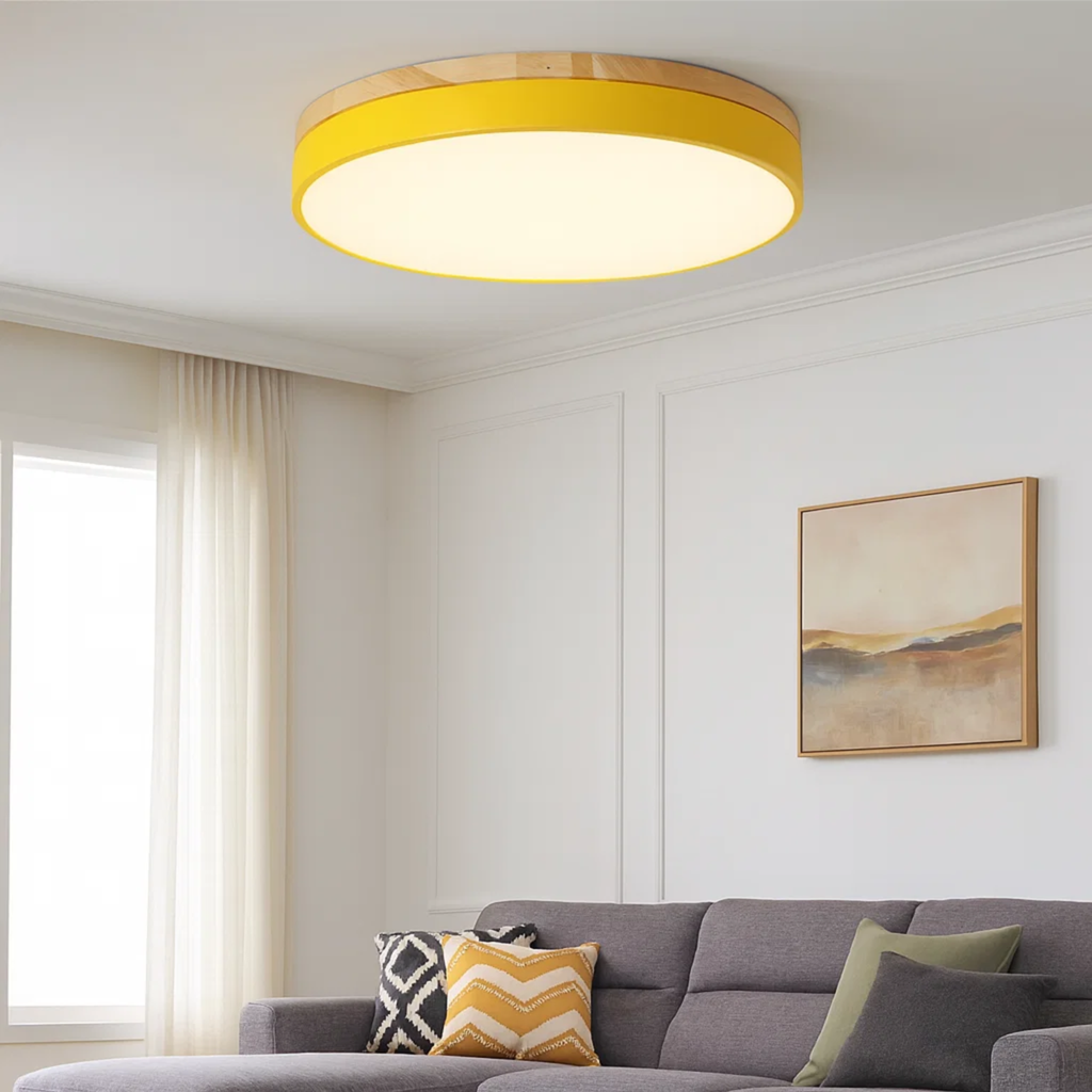 Ronde plafondlamp met warme houtlook en zacht