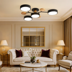 Moderne loftlampe med runde skiver og subtilt trælook