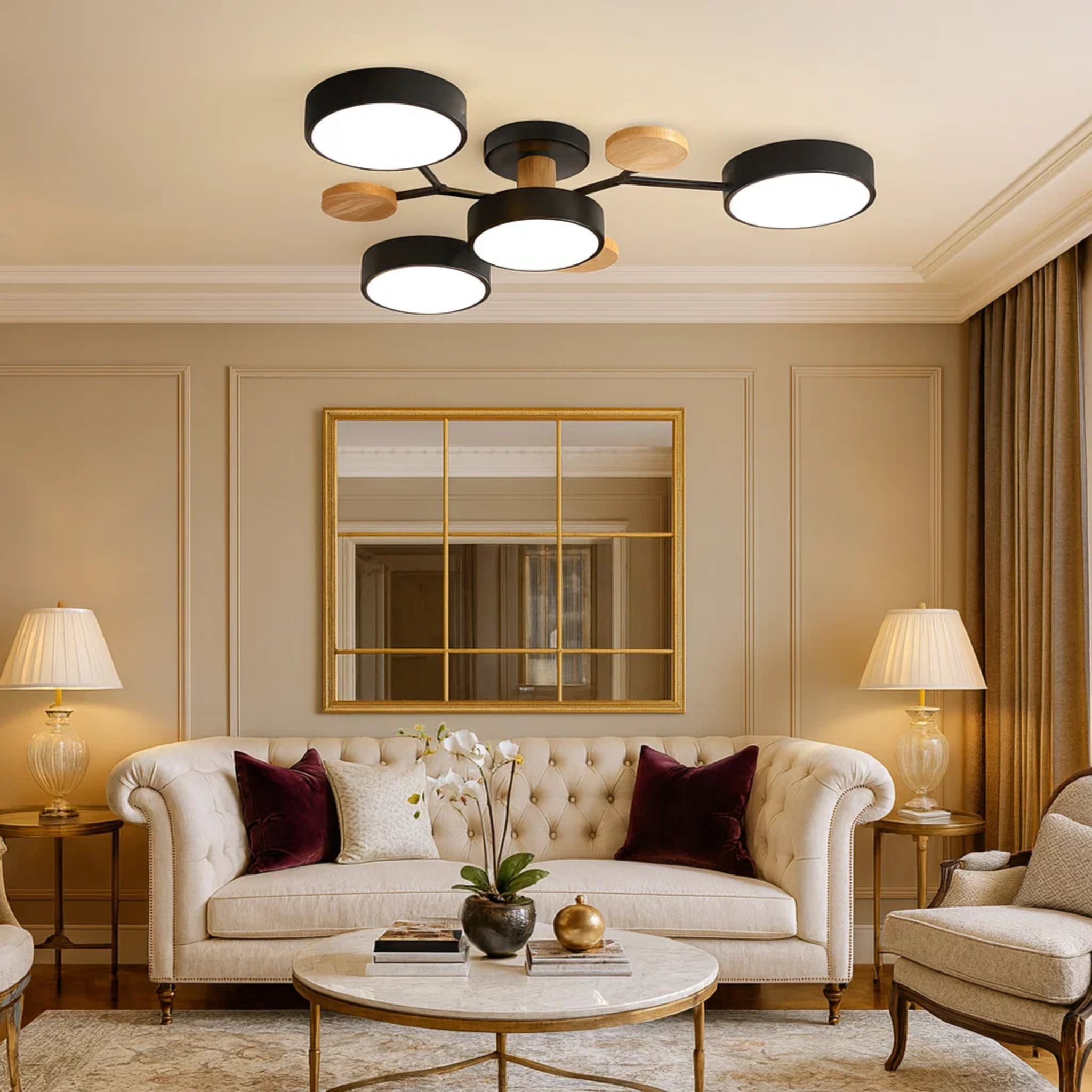 Moderne loftlampe med runde skiver og subtilt trælook