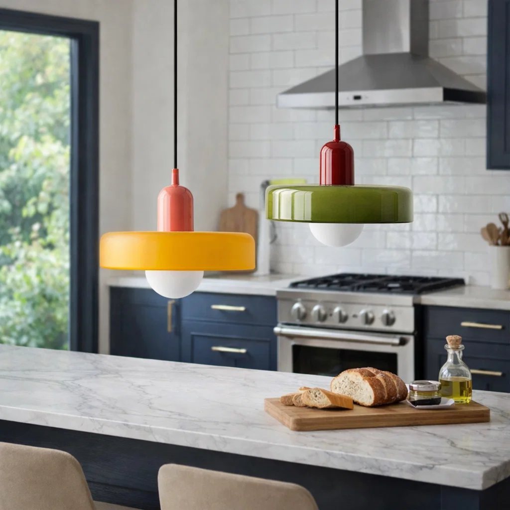 Bauhaus plafondlampen met glas en kleuraccenten