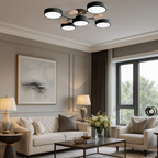 Moderne loftlampe med runde skiver og subtilt trælook