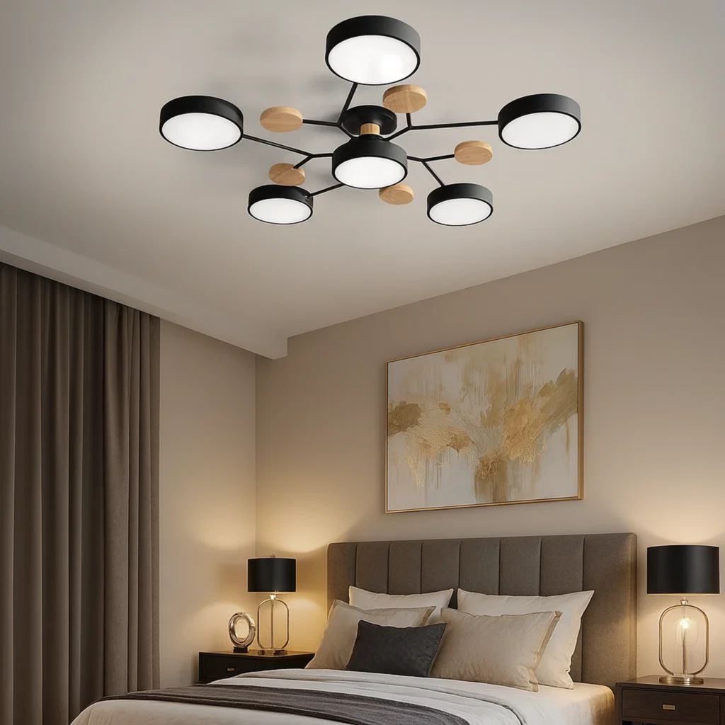 Moderne loftlampe med runde skiver og subtilt trælook