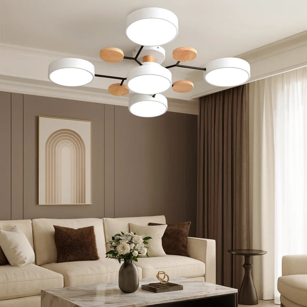 Moderne loftlampe med runde skiver og subtilt trælook