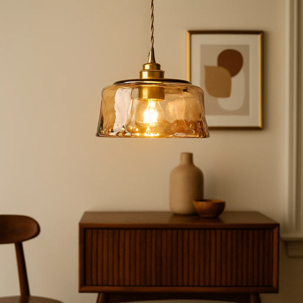 Rustic Pendant Lamp with Round Amber Glass Shade