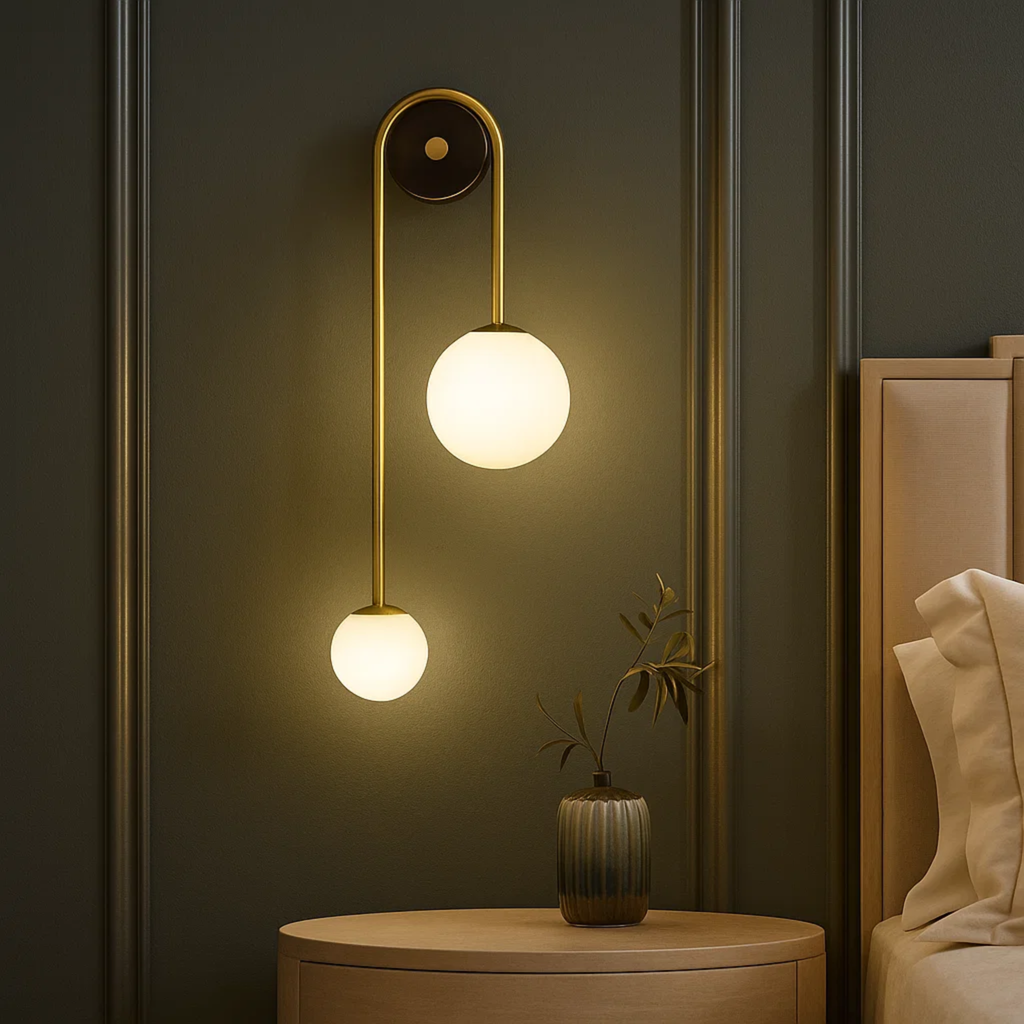 Moderne wandlamp met twee opaalglazen bollen in messing kleur