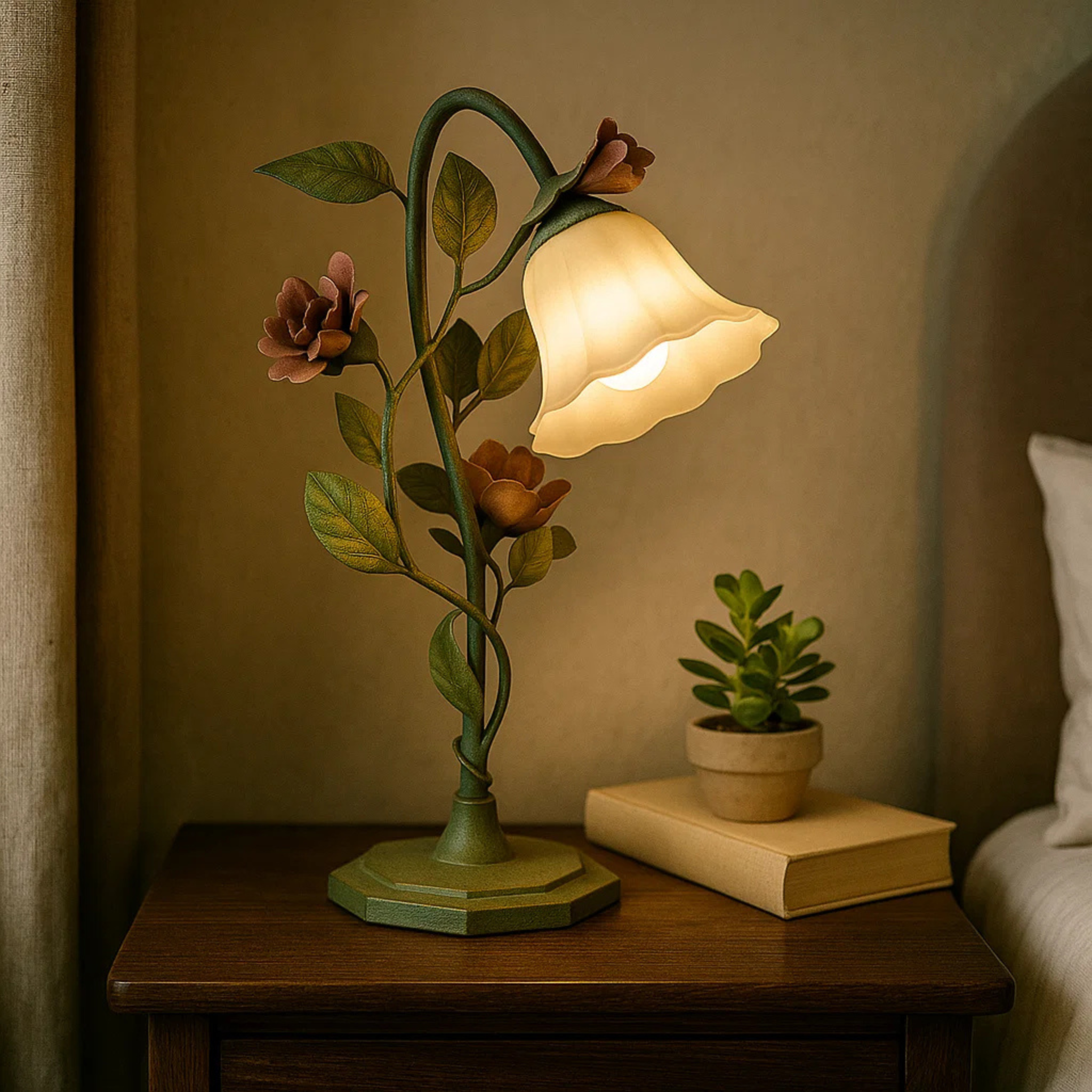 Bedlamp met uitlopende kap en bloemmotief