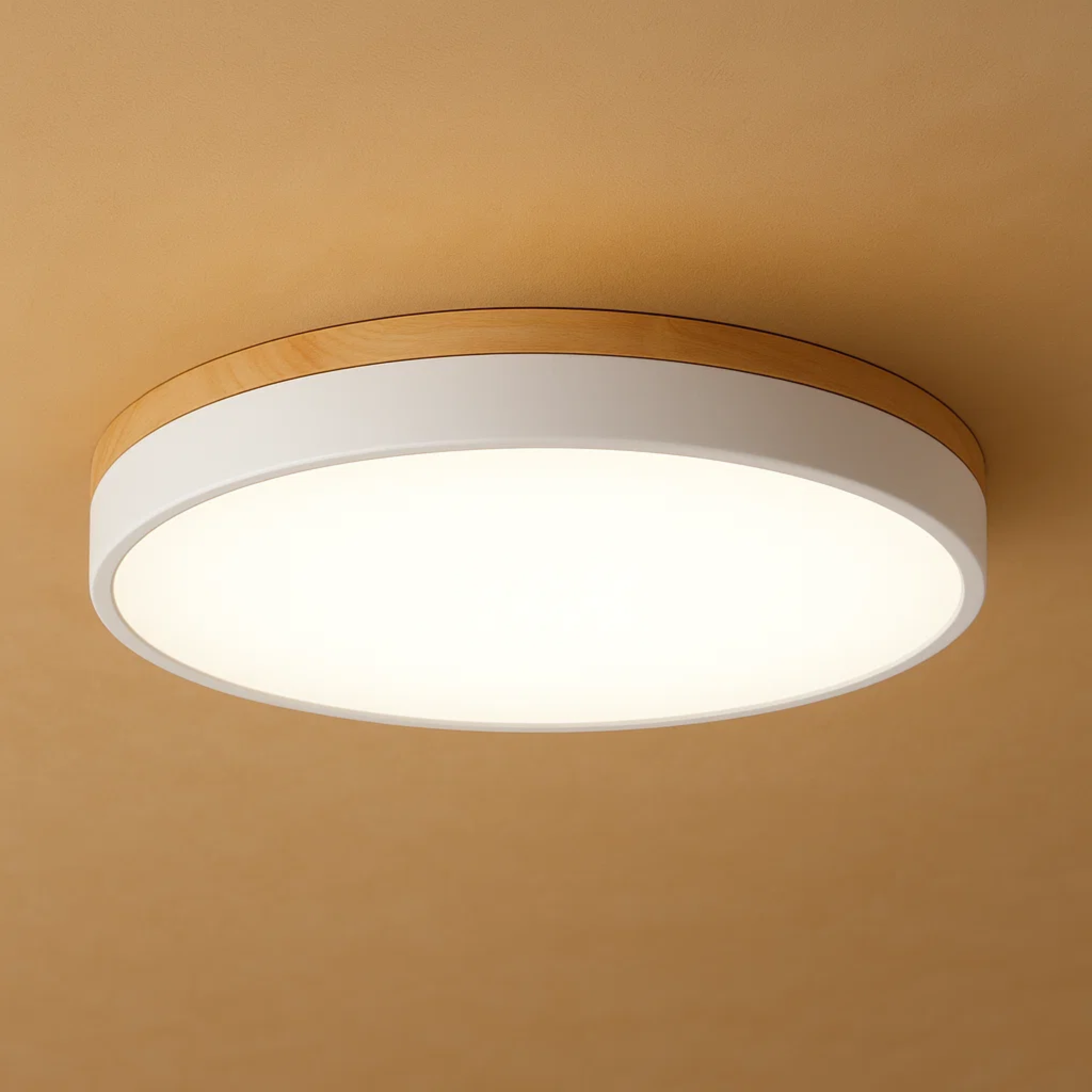 Ronde plafondlamp met warme houtlook en zacht